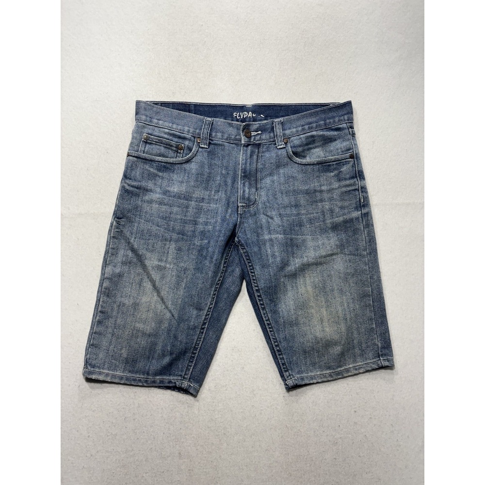 Flypaper Bermuda Shorts Mens 32 Blue Denim 10" Inseam Distressed 5-Pocket Casual